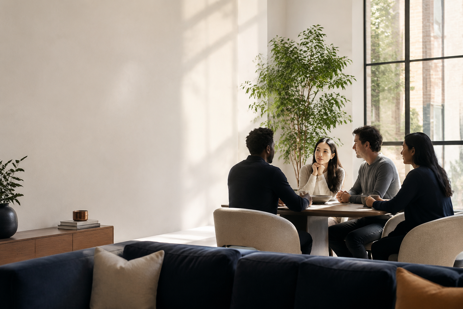 People sharing a thoughtful conversation in a bright, welcoming space